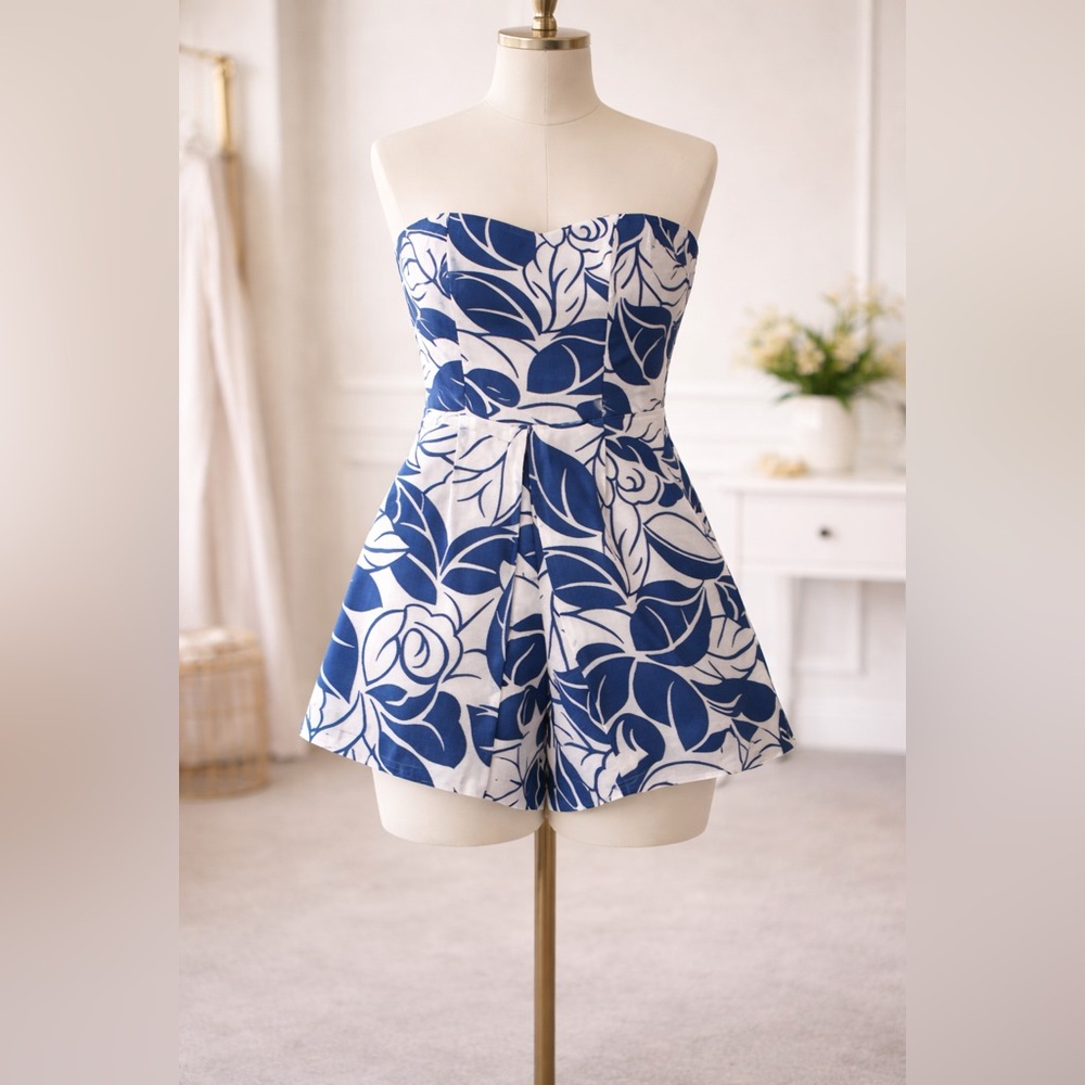 1.STATE White Strapless Romper with Blue Floral Trim